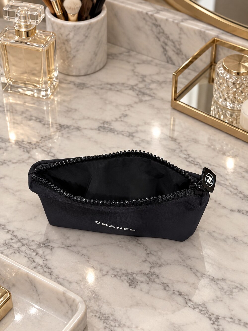 Chanel Black Zip Cosmetic Pouch | Zip-Top Makeup Storage - Picture 4 of 6